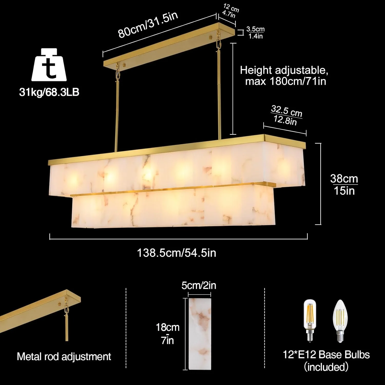 2-Tier Rectangle Alabaster Chandelier 54"L - Image 4
