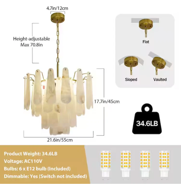 21.6 in. 6-Light Modern Round Alabaster Kitchen Island Chandelier, 4-Tier Luxury Large White Chandelier for Bedroom - Image 6