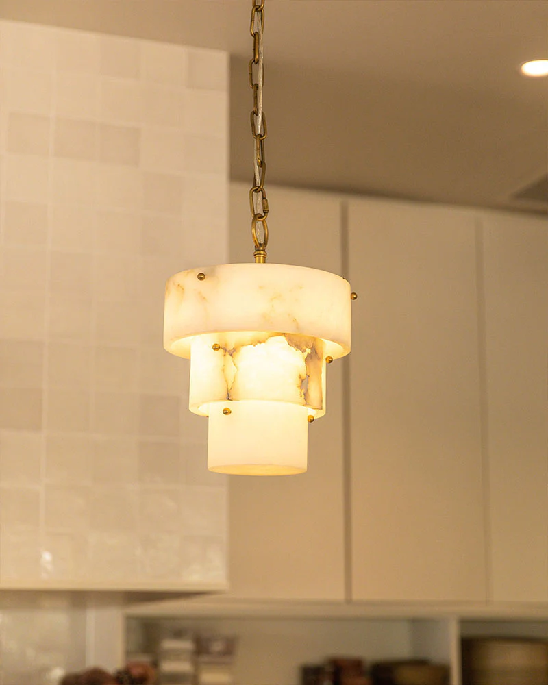 3 Tier White Round Alabaster Chain Pendant Light Fitting in Brass 10in - Image 10