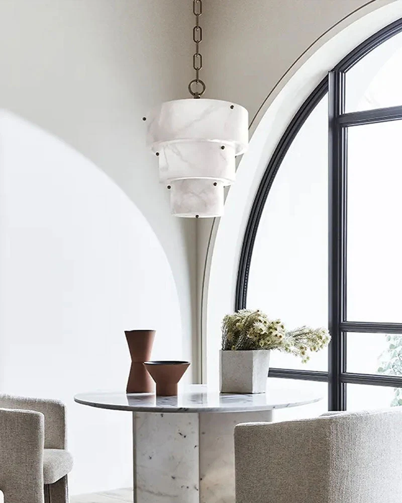 3 Tier White Round Alabaster Chain Pendant Light Fitting in Brass 10in - Image 2