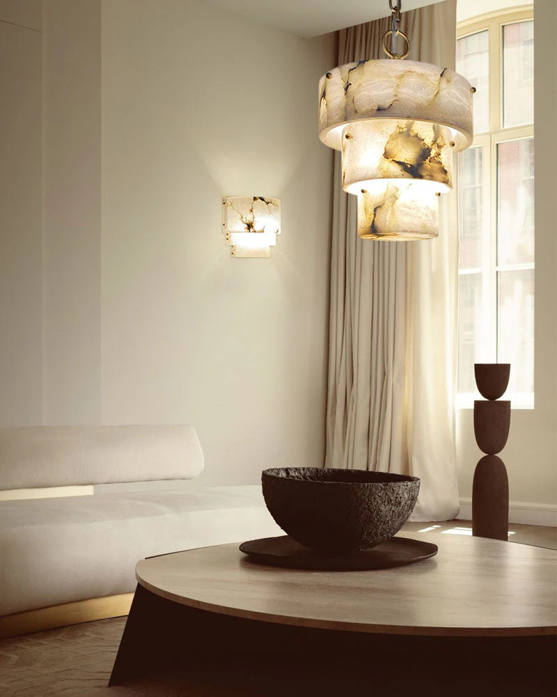 3 Tier White Round Alabaster Chain Pendant Light Fitting in Brass 10in - Image 5