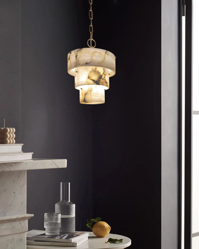 3 Tier White Round Alabaster Chain Pendant Light Fitting in Brass 10in - Image 6