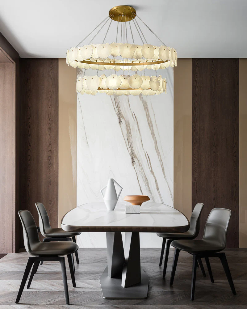 3-tiered stairwell chandeliers | irregular alabaster plate in disk ceiling with long cord - Image 3