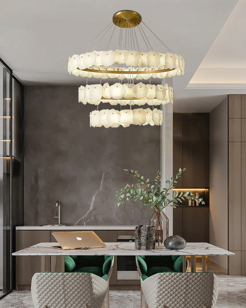 3-tiered stairwell chandeliers | irregular alabaster plate in disk ceiling with long cord - Image 6