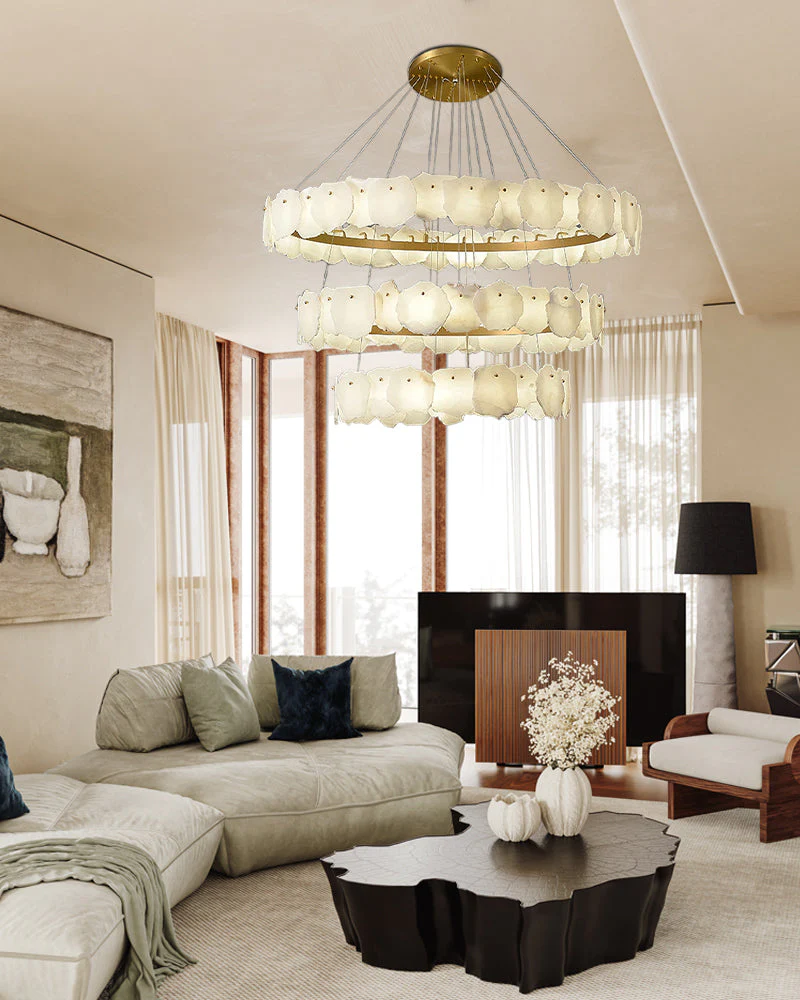 3-tiered stairwell chandeliers | irregular alabaster plate in disk ceiling with long cord - Image 8