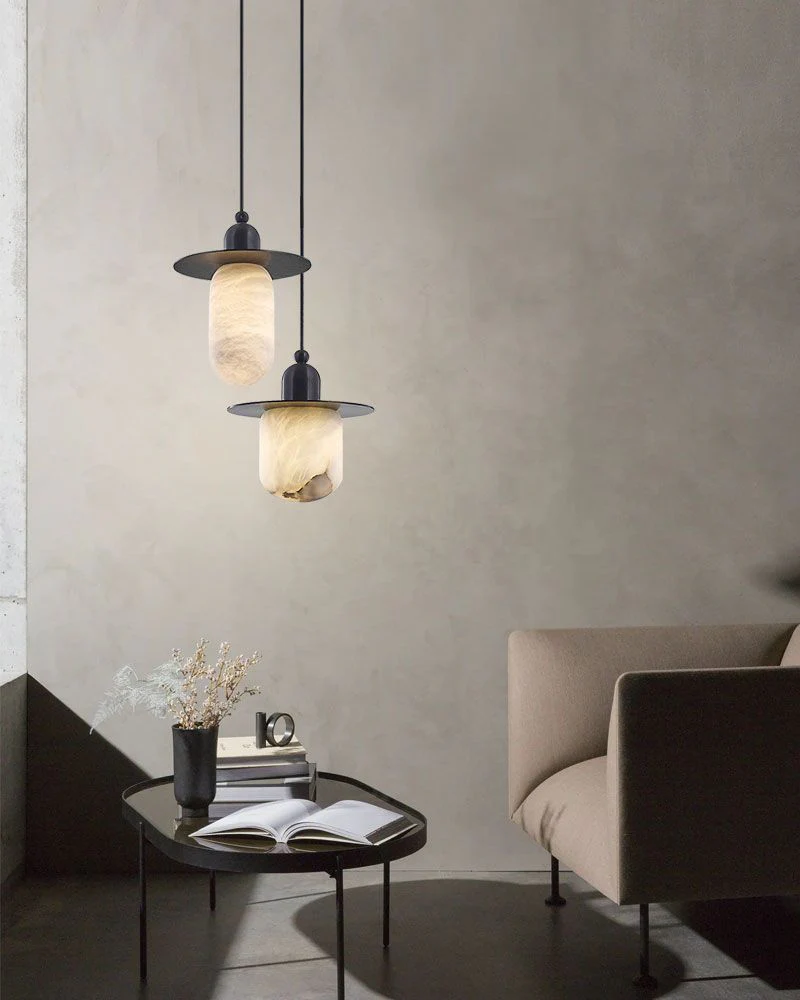 Alabaster Ceiling Pendant Lamp in black metal plate for dining room, living room, bedroom - Image 3