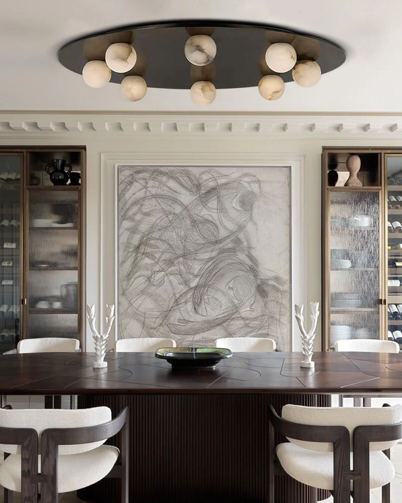 Alabaster Globes LED Disc Pendant Light in Lacquered Brass/Black Stainless Frame - Image 10