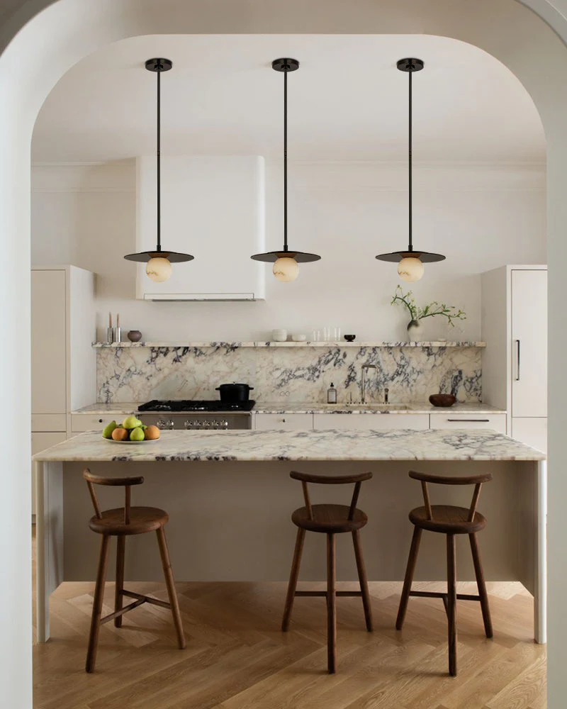 Alabaster Globes LED Disc Pendant Light in Lacquered Brass/Black Stainless Frame - Image 11