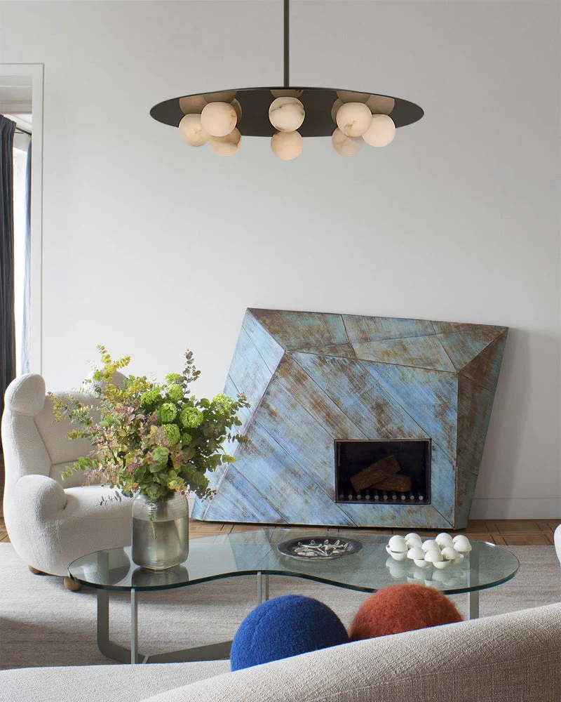 Alabaster Globes LED Disc Pendant Light in Lacquered Brass/Black Stainless Frame - Image 12
