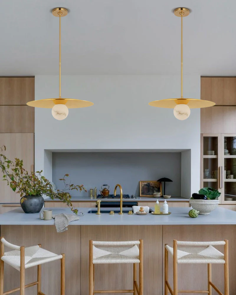 Alabaster Globes LED Disc Pendant Light in Lacquered Brass/Black Stainless Frame - Image 13