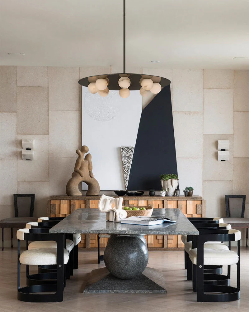 Alabaster Globes LED Disc Pendant Light in Lacquered Brass/Black Stainless Frame - Image 14