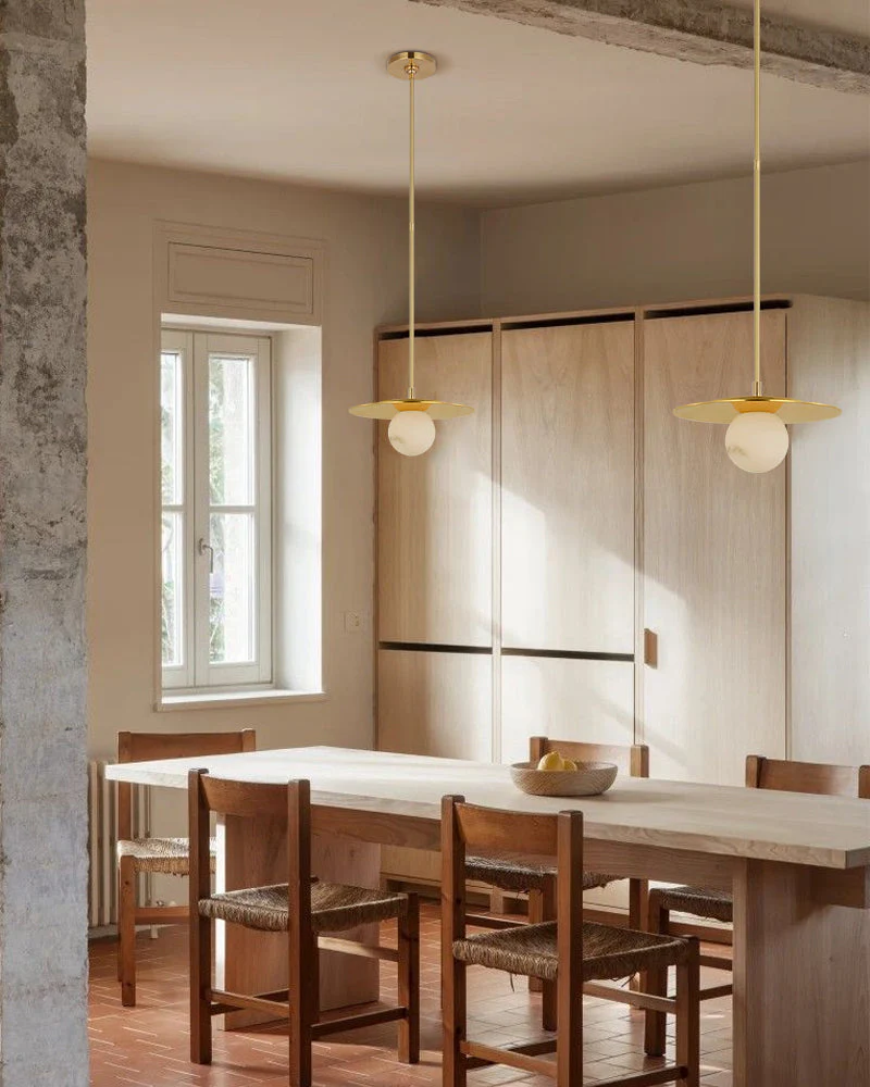 Alabaster Globes LED Disc Pendant Light in Lacquered Brass/Black Stainless Frame - Image 15