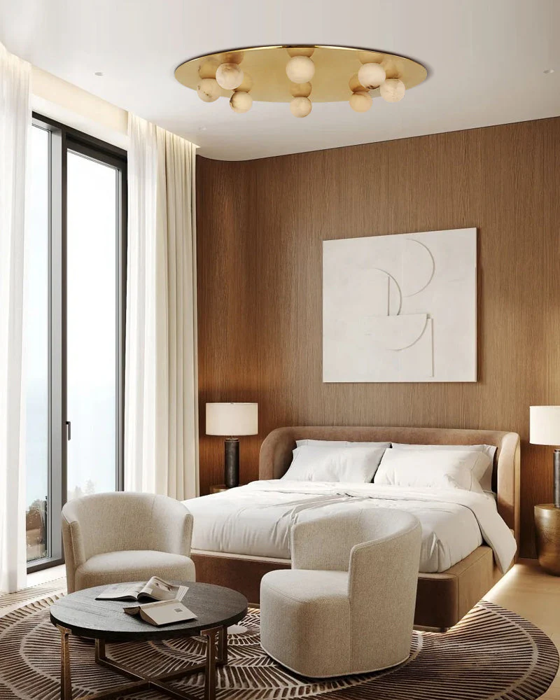 Alabaster Globes LED Disc Pendant Light in Lacquered Brass/Black Stainless Frame - Image 16