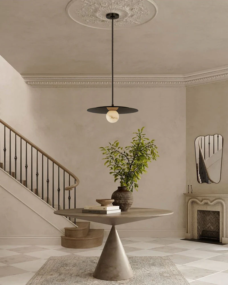 Alabaster Globes LED Disc Pendant Light in Lacquered Brass/Black Stainless Frame - Image 2