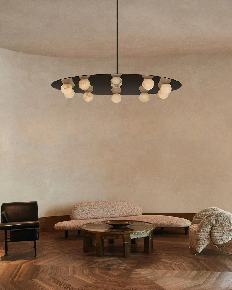 Alabaster Globes LED Disc Pendant Light in Lacquered Brass/Black Stainless Frame - Image 4