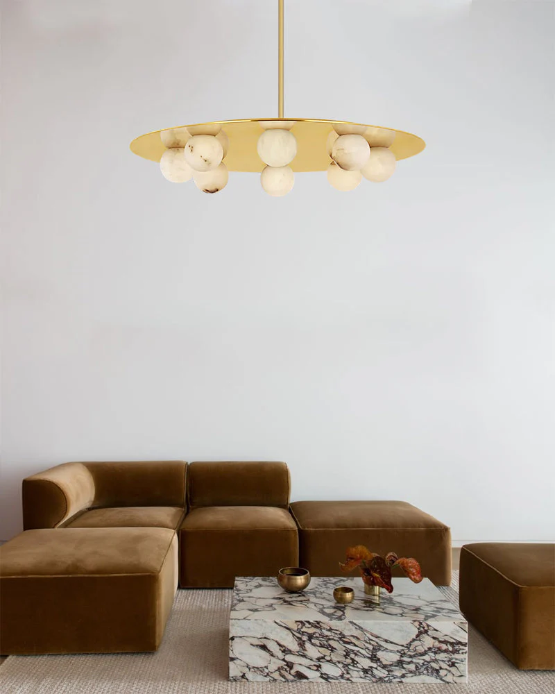 Alabaster Globes LED Disc Pendant Light in Lacquered Brass/Black Stainless Frame - Image 5