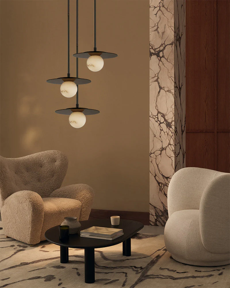 Alabaster Globes LED Disc Pendant Light in Lacquered Brass/Black Stainless Frame - Image 6
