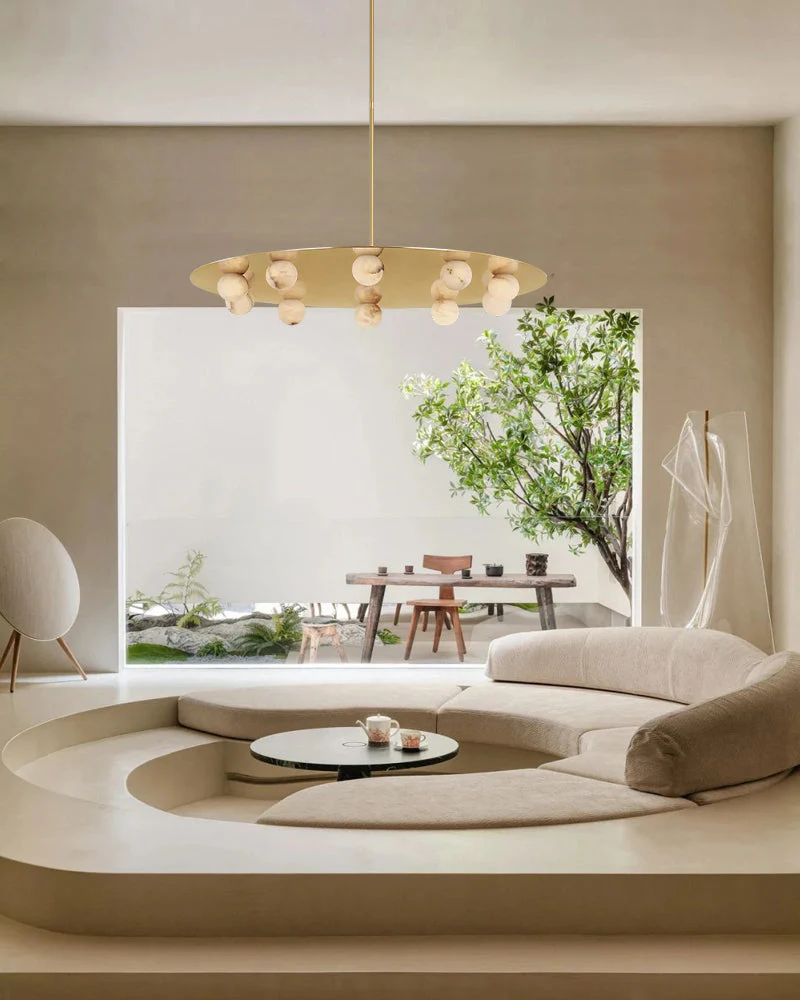 Alabaster Globes LED Disc Pendant Light in Lacquered Brass/Black Stainless Frame - Image 7
