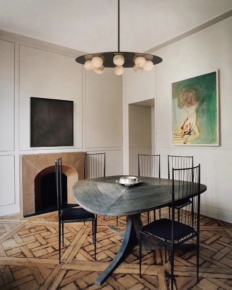Alabaster Globes LED Disc Pendant Light in Lacquered Brass/Black Stainless Frame - Image 8