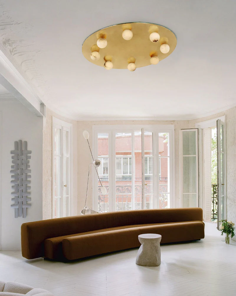 Alabaster Globes LED Disc Pendant Light in Lacquered Brass/Black Stainless Frame - Image 9