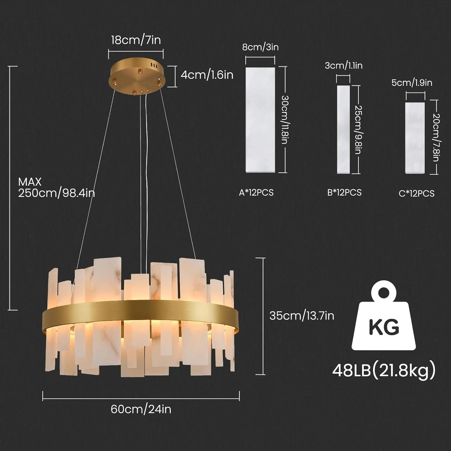 Alabaster Round Chandelier, D24 Inch Natural Spanish Marble Stone Texture Chandeliers - Image 4