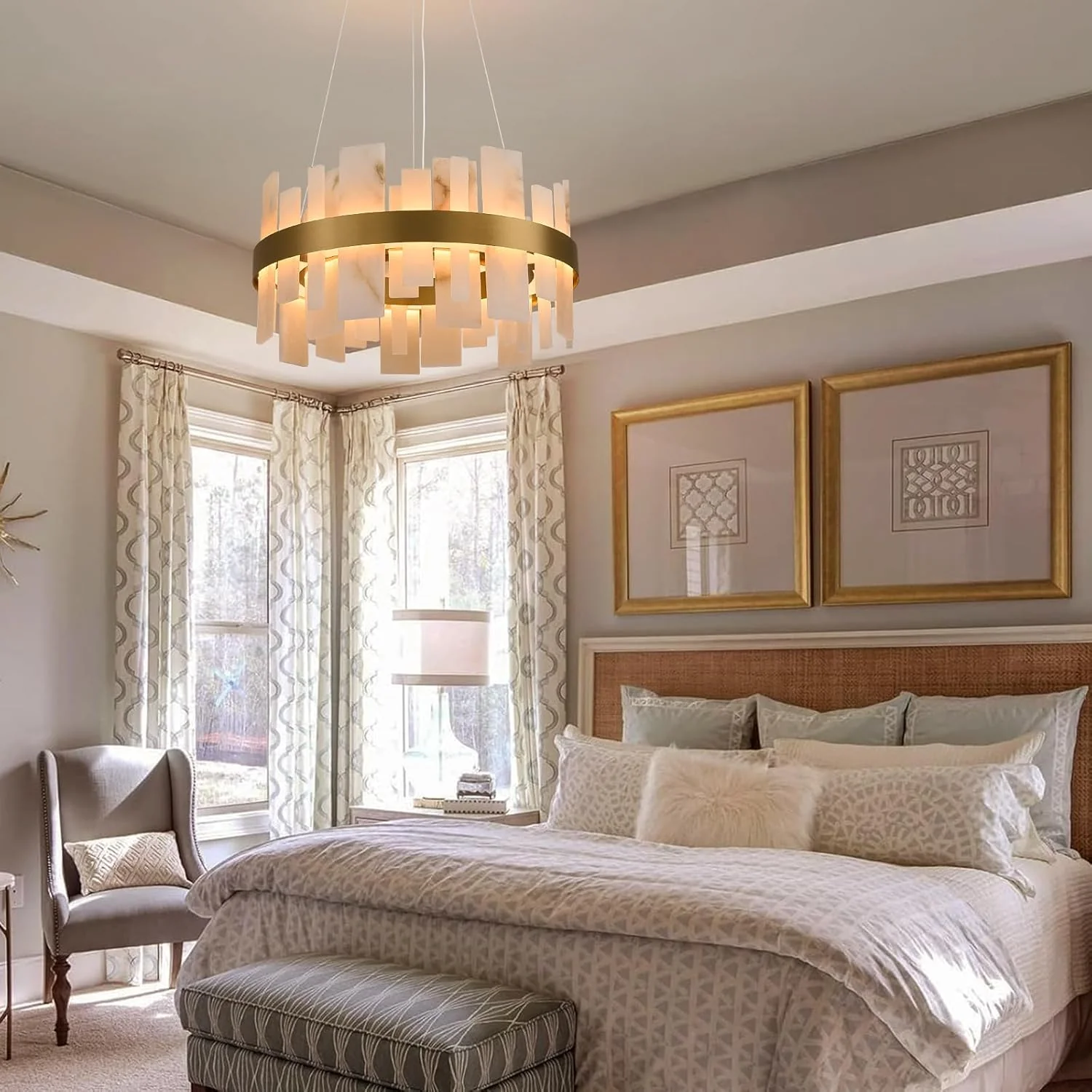 Alabaster Round Chandelier, D24 Inch Natural Spanish Marble Stone Texture Chandeliers - Image 6