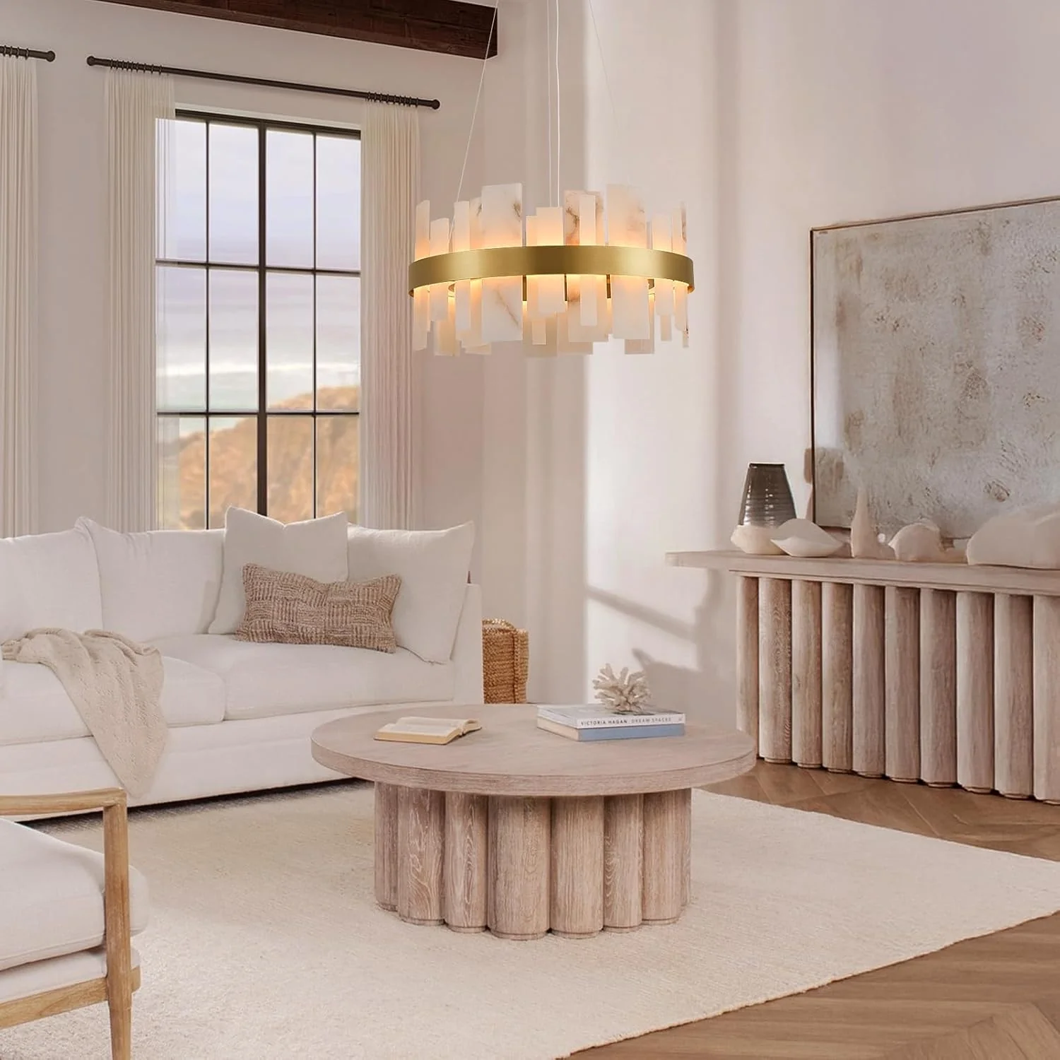 Alabaster Round Chandelier, D24 Inch Natural Spanish Marble Stone Texture Chandeliers - Image 9