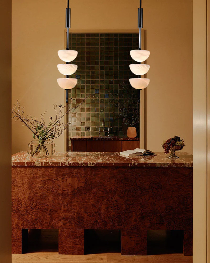 Alabaster Triple Half Spheres Vertical Suspension Lights Lacquered Burnished Brass/Bronze - Image 2