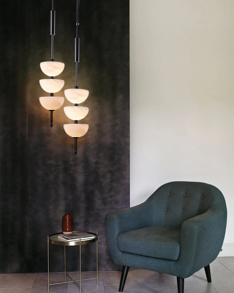Alabaster Triple Half Spheres Vertical Suspension Lights Lacquered Burnished Brass/Bronze - Image 3