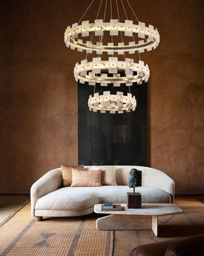 Antique Brass Ring Frame Round Halo Alabaster Modern Lighting Chandelier Wide 31" - Image 10