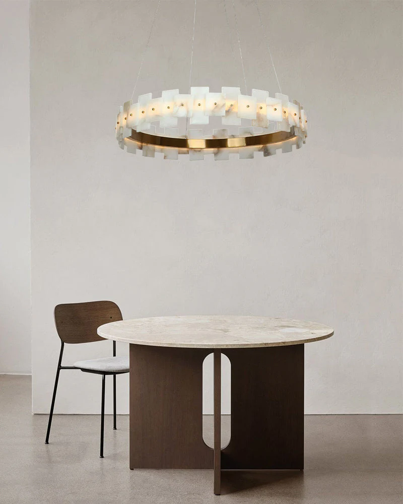 Antique Brass Ring Frame Round Halo Alabaster Modern Lighting Chandelier Wide 31" - Image 13