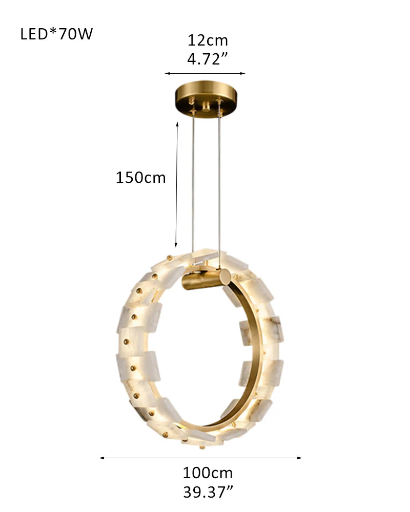 Antique Brass Ring Frame Round Halo Alabaster Modern Lighting Chandelier Wide 31" - Image 17