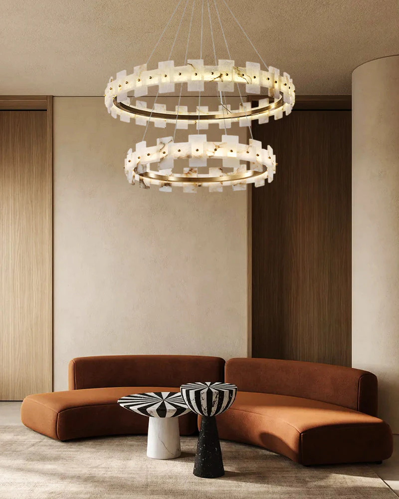 Antique Brass Ring Frame Round Halo Alabaster Modern Lighting Chandelier Wide 31" - Image 2