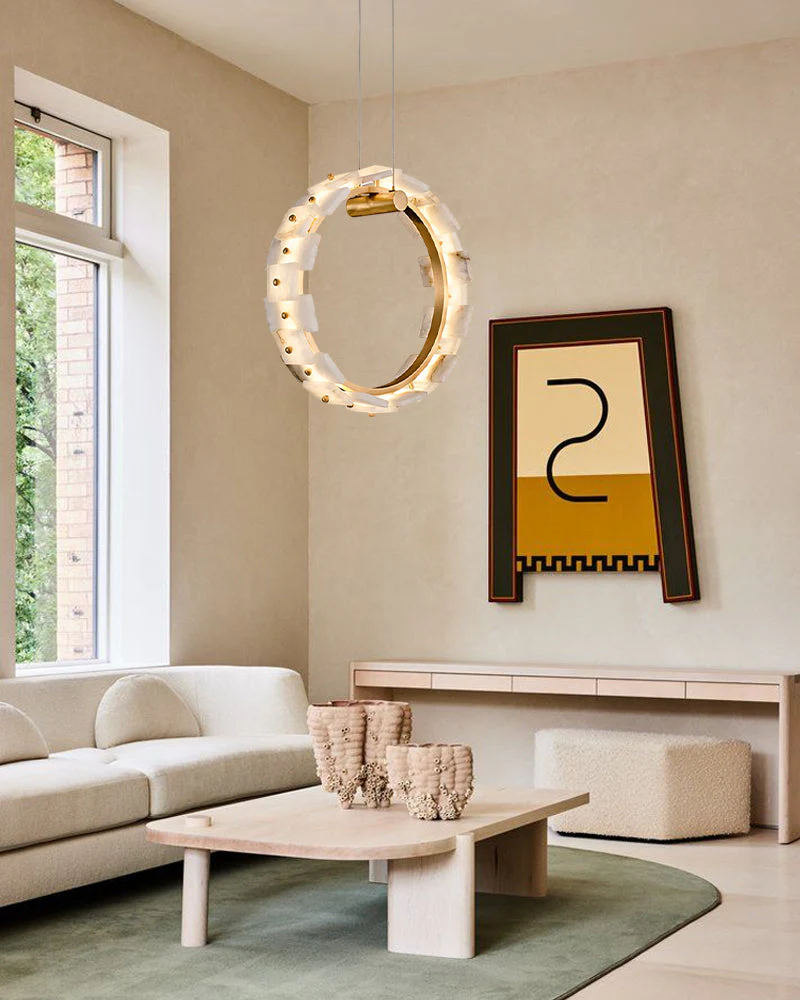 Antique Brass Ring Frame Round Halo Alabaster Modern Lighting Chandelier Wide 31" - Image 3