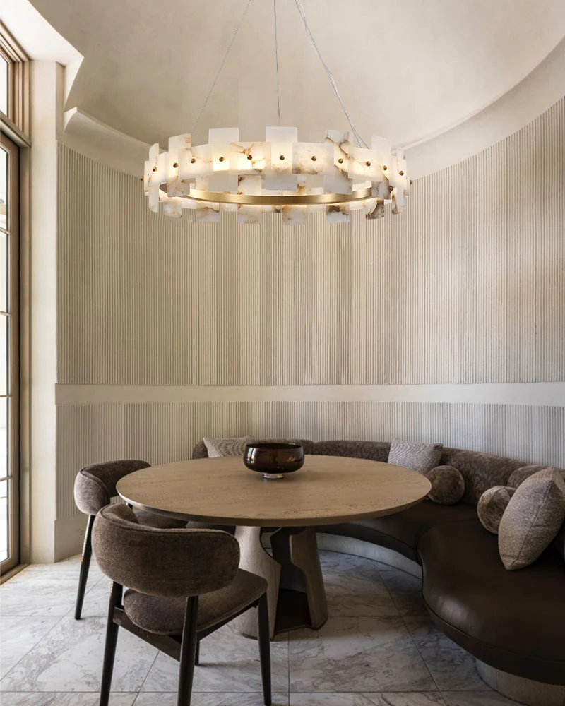 Antique Brass Ring Frame Round Halo Alabaster Modern Lighting Chandelier Wide 31" - Image 5