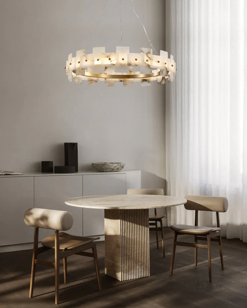Antique Brass Ring Frame Round Halo Alabaster Modern Lighting Chandelier Wide 31" - Image 8
