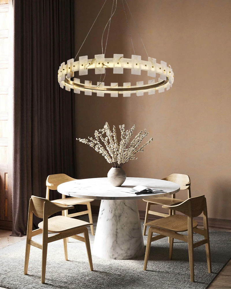 Antique Brass Ring Frame Round Halo Alabaster Modern Lighting Chandelier Wide 31" - Image 9