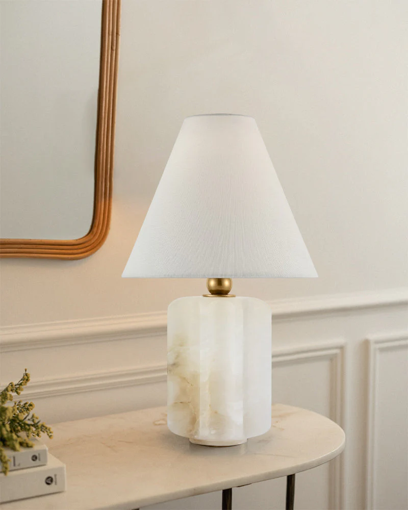 Art Design Arteriors Everly Alabaster Table Lamp Wide 15" with White Linen Fabric Lampshade - Image 2