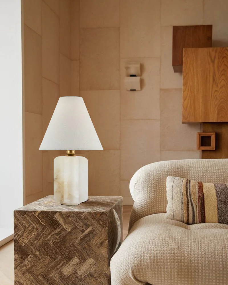 Art Design Arteriors Everly Alabaster Table Lamp Wide 15" with White Linen Fabric Lampshade - Image 6