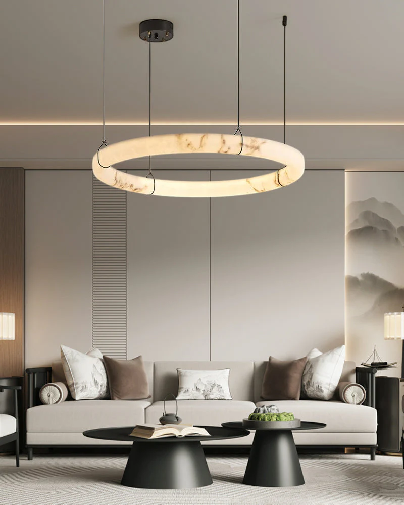 Black Metal Modern Round Ring Alabaster Pendant Light, Width 3.15" - Image 11