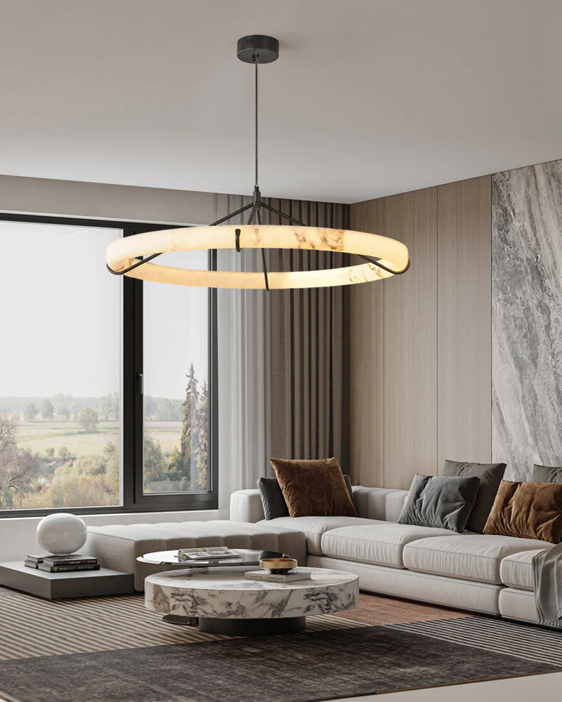 Black Metal Modern Round Ring Alabaster Pendant Light, Width 3.15" - Image 12
