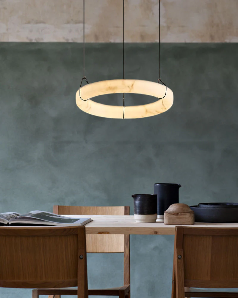 Black Metal Modern Round Ring Alabaster Pendant Light, Width 3.15" - Image 13