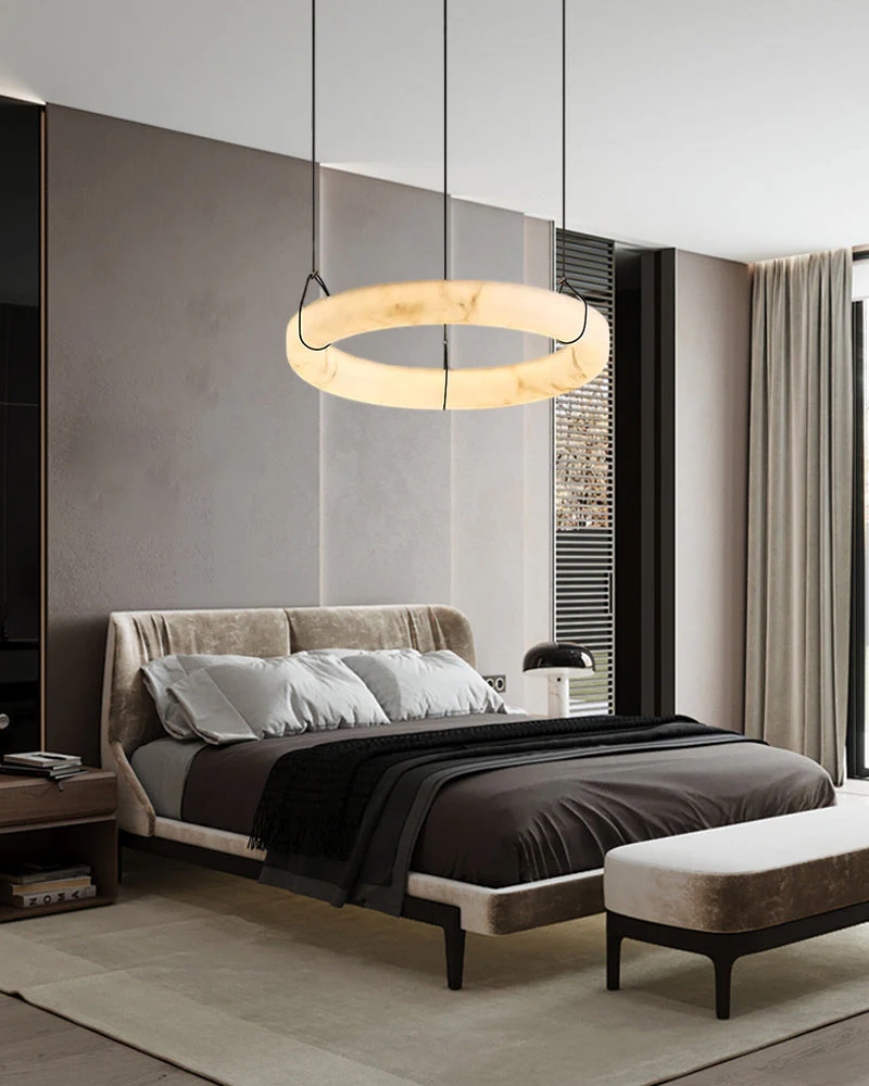 Black Metal Modern Round Ring Alabaster Pendant Light, Width 3.15" - Image 14