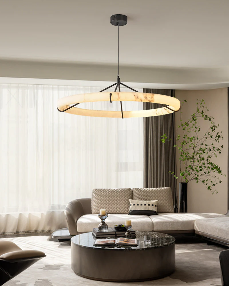 Black Metal Modern Round Ring Alabaster Pendant Light, Width 3.15" - Image 15
