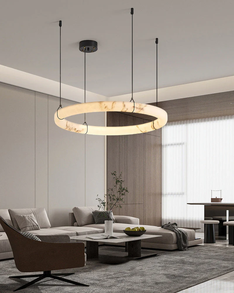 Black Metal Modern Round Ring Alabaster Pendant Light, Width 3.15" - Image 3