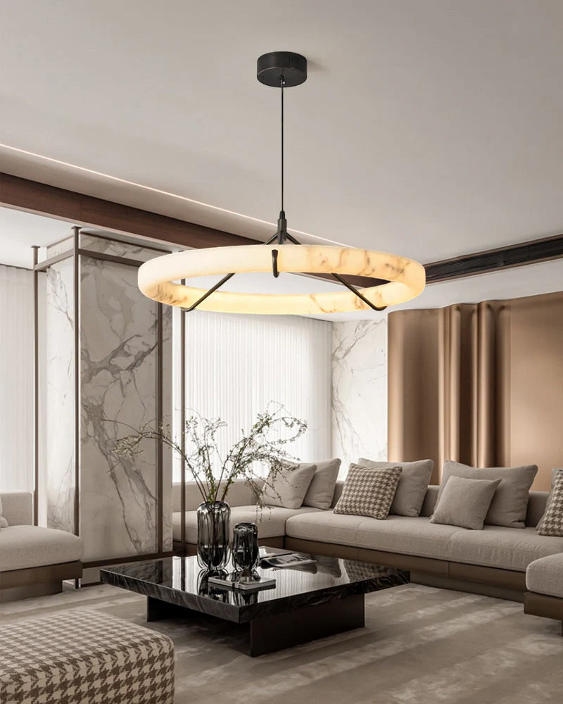 Black Metal Modern Round Ring Alabaster Pendant Light, Width 3.15" - Image 4