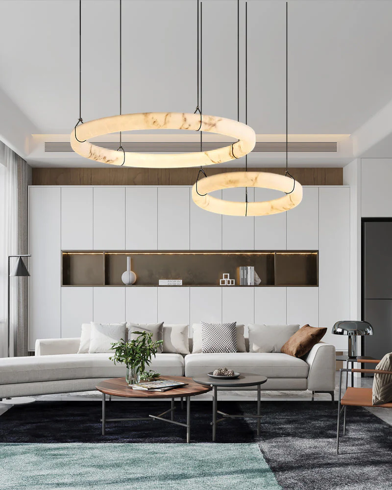Black Metal Modern Round Ring Alabaster Pendant Light, Width 3.15" - Image 6