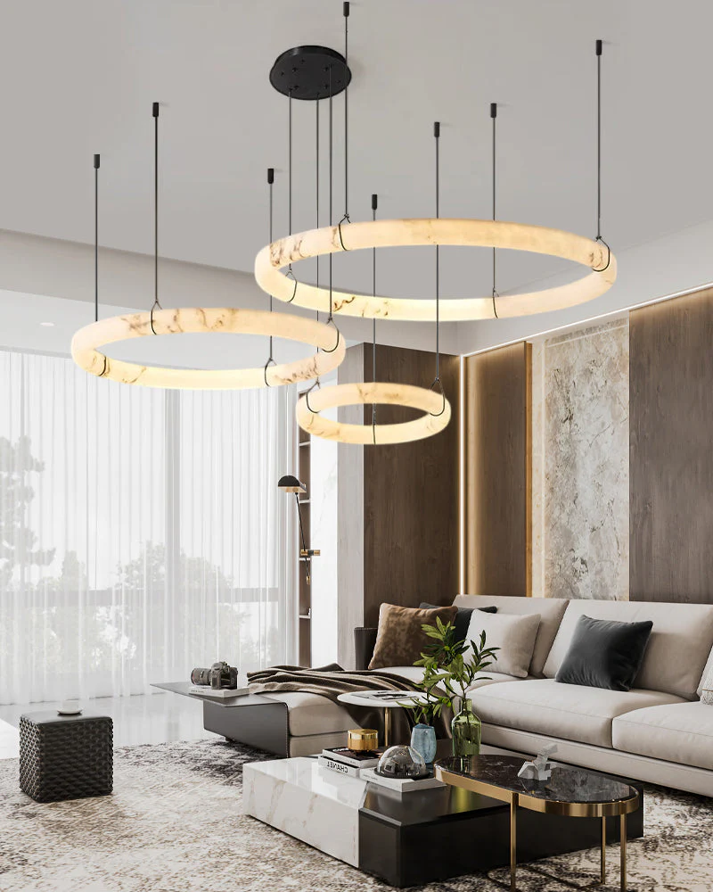 Black Metal Modern Round Ring Alabaster Pendant Light, Width 3.15" - Image 7