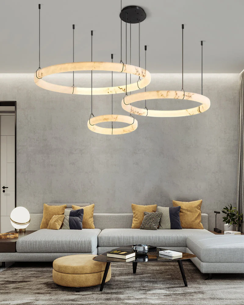 Black Metal Modern Round Ring Alabaster Pendant Light, Width 3.15" - Image 8