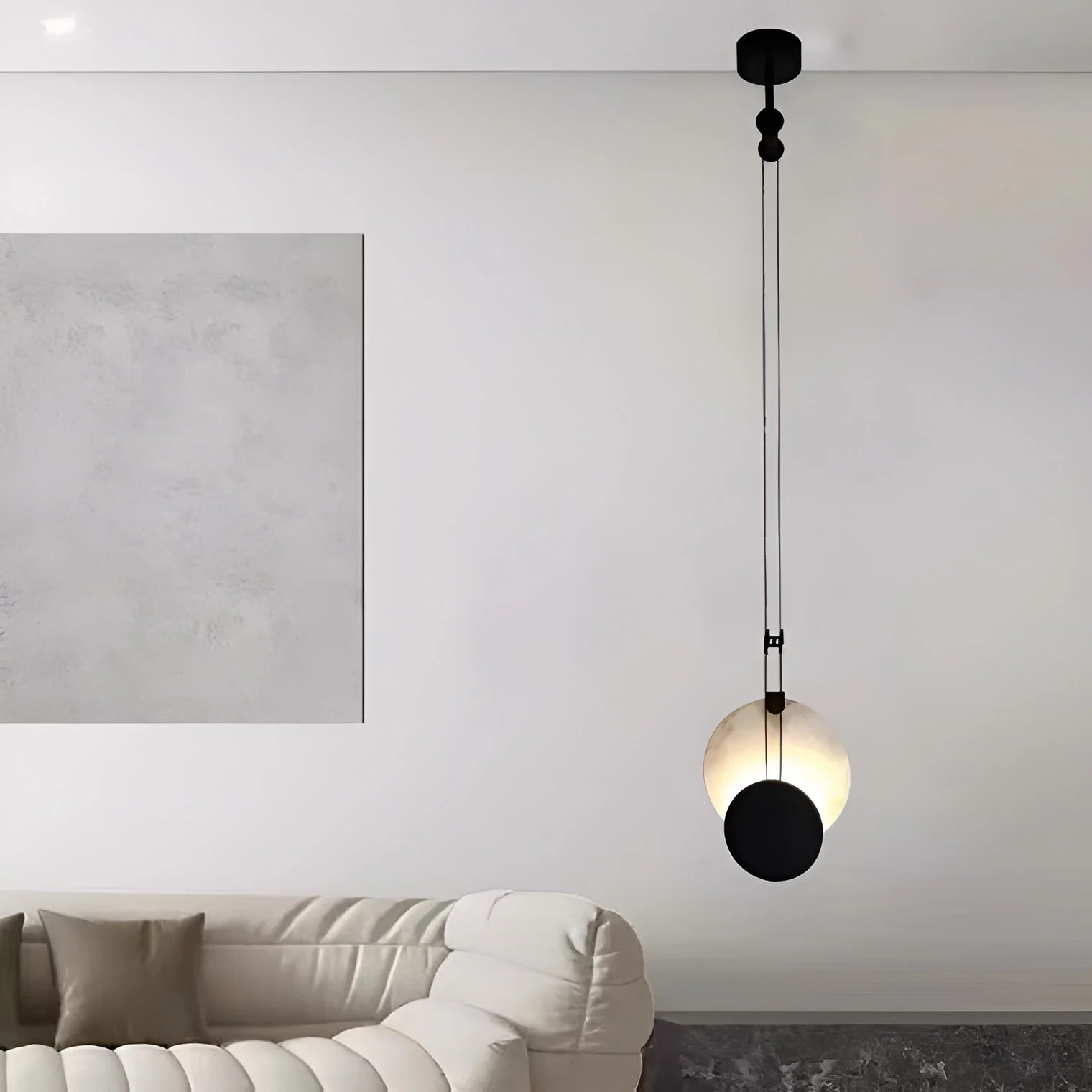 Black Paint Iron Disc Marble Pendant Lamp - Image 9